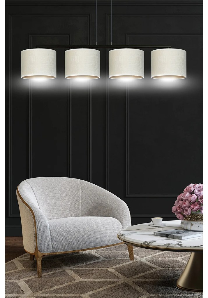 Lampadario 4 Luci Ganesha In Acciaio Nero E Paralumi In Tessuto Beige