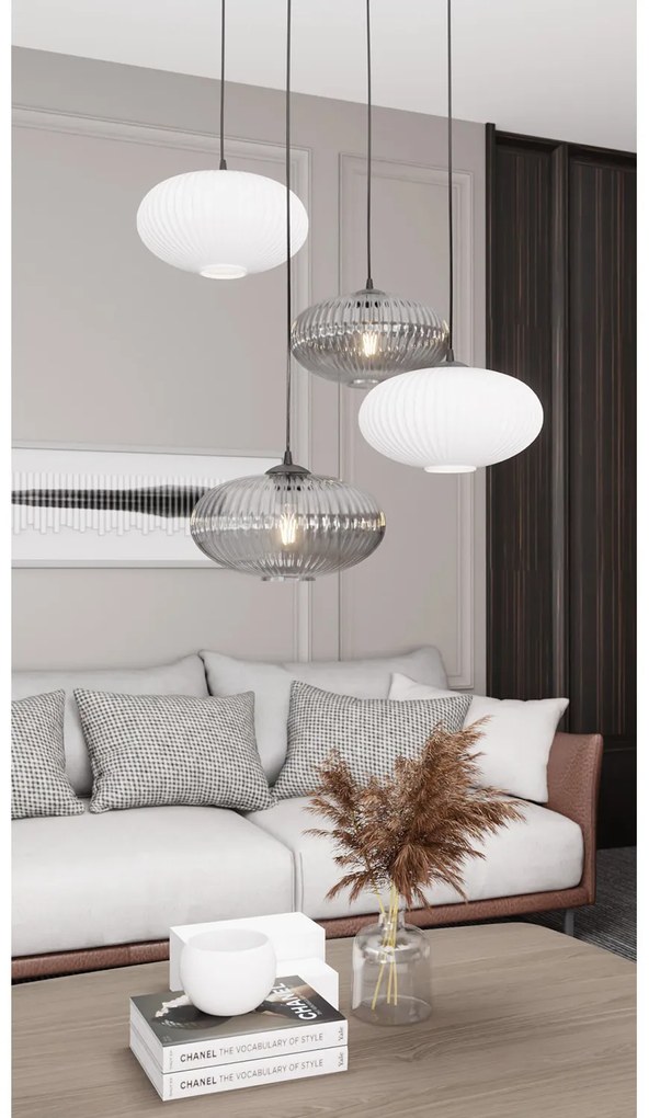 Lampadario 4 Luci Iris Base Tonda In Acciaio Nero Paralume Plissè Multicolor