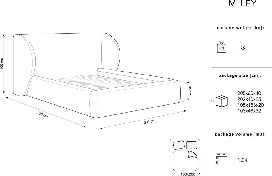 Letto matrimoniale imbottito grigio scuro con contenitore con griglia 160x200 cm Miley - Micadoni Home