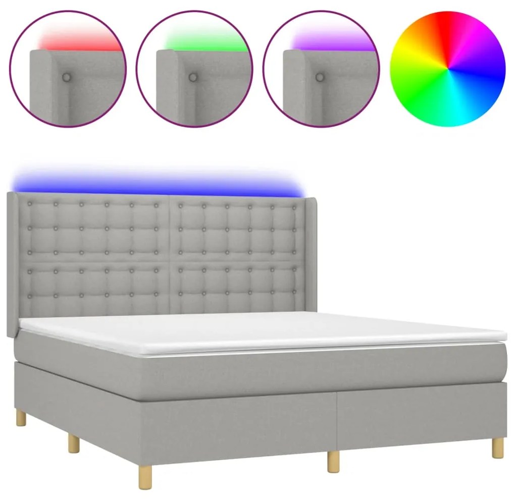 Letto a molle materasso e led grigio chiaro 180x200 cm tessuto