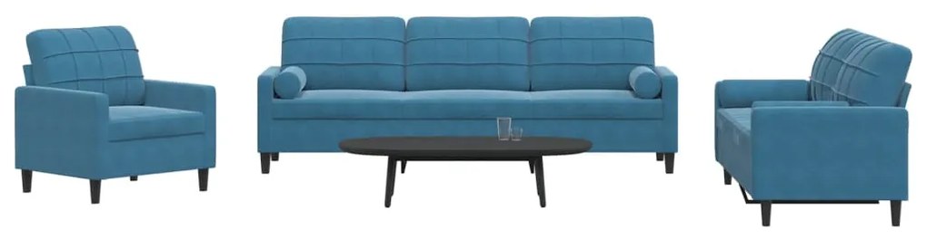Set Di Divani 3 Pz Con Cuscini E Rinforzi Blu İn Velluto /