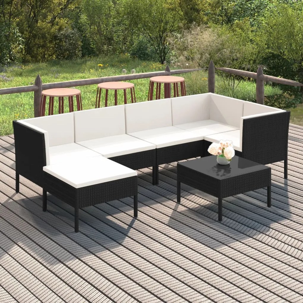 Set divani da giardino 7 pz con cuscini in polyrattan nero