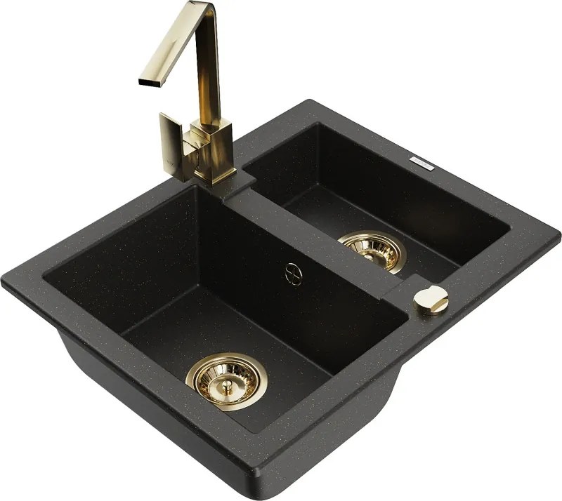 Mexen Carlos lavello in granito 1,5 vasca con miscelatore cucina Rita, nero/oro metallizzato - 6518-75-670300-50