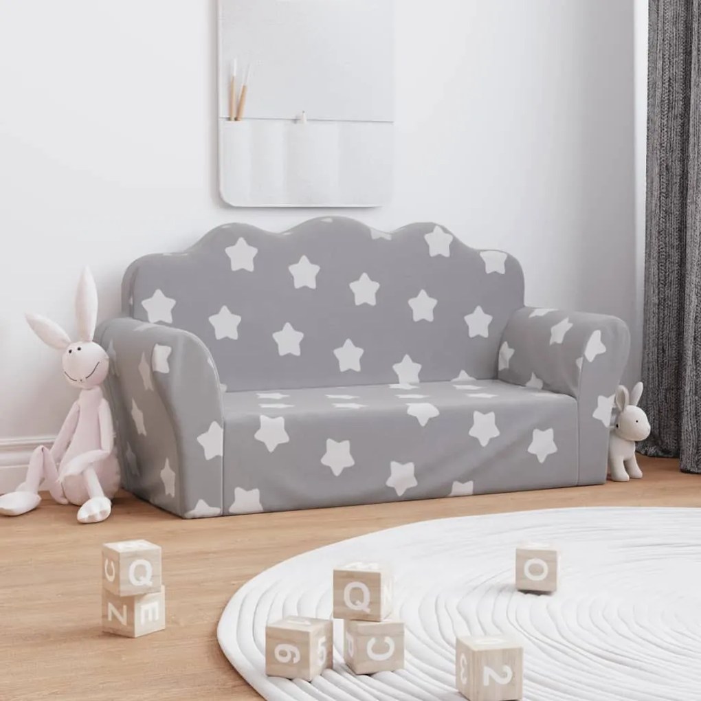 Divano Bambini 2 Posti Grigio Chiaro Con Stelle Morbido Peluche /