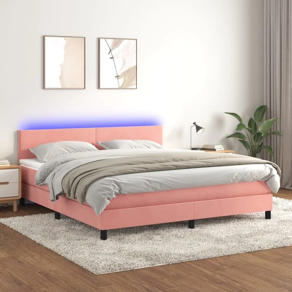 Letto a molle con materasso e led rosa 180x200 cm in velluto