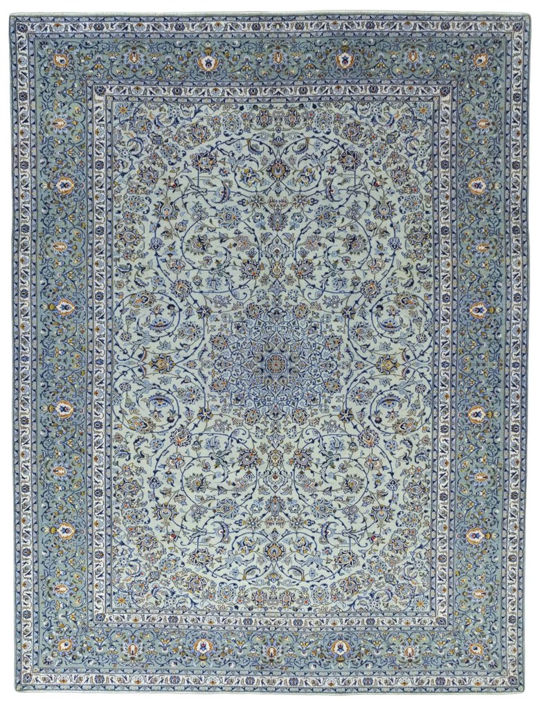 Kashan Tappeto 390x300 Verde (Iran) Annodato A Mano