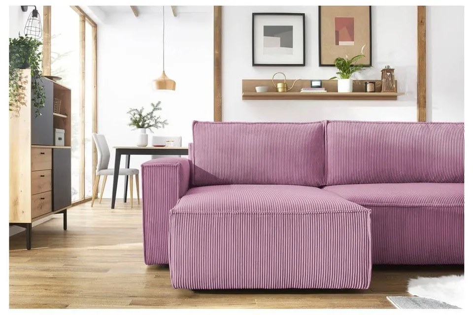 Divano letto angolare a "U" in velluto a coste rosa Nihad - Bobochic Paris