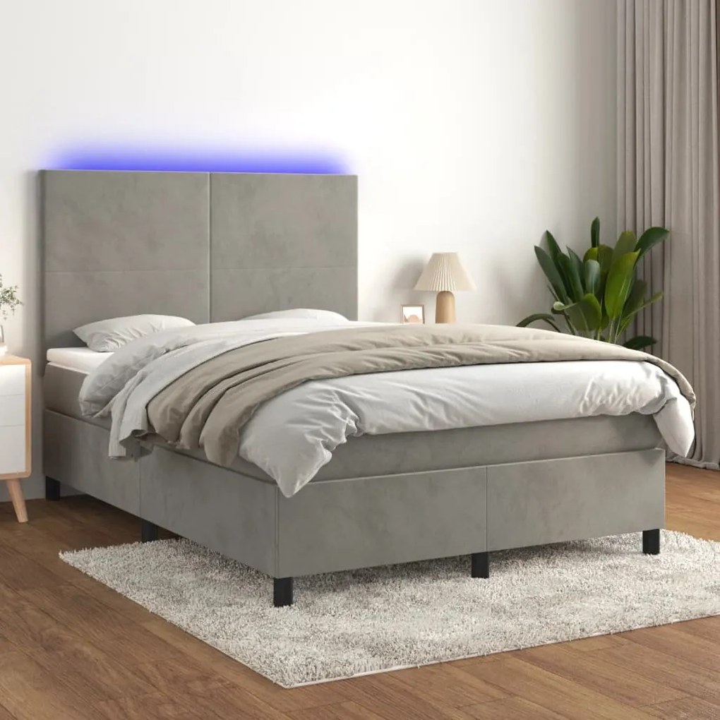 Letto a molle materasso e led grigio chiaro 140x200 cm velluto