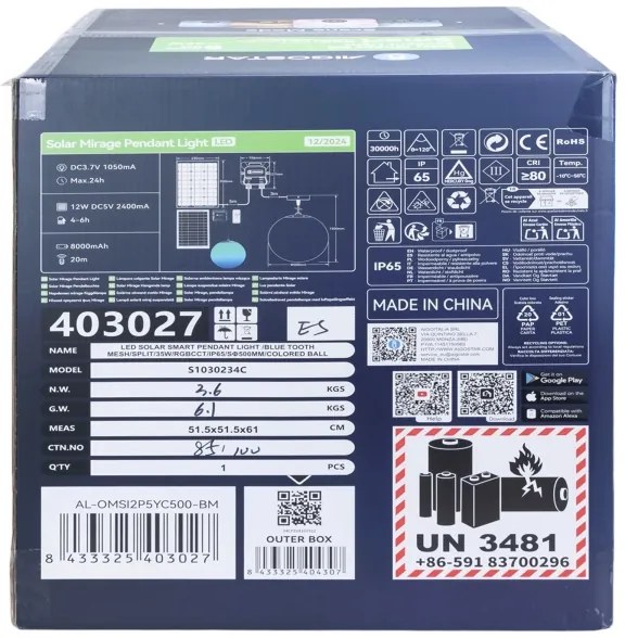 Aigostar-LED RGBW Lampadario solare MESH 35W/3,7V 8000 mAh 2700K-6500K IP65 d. 50 cm