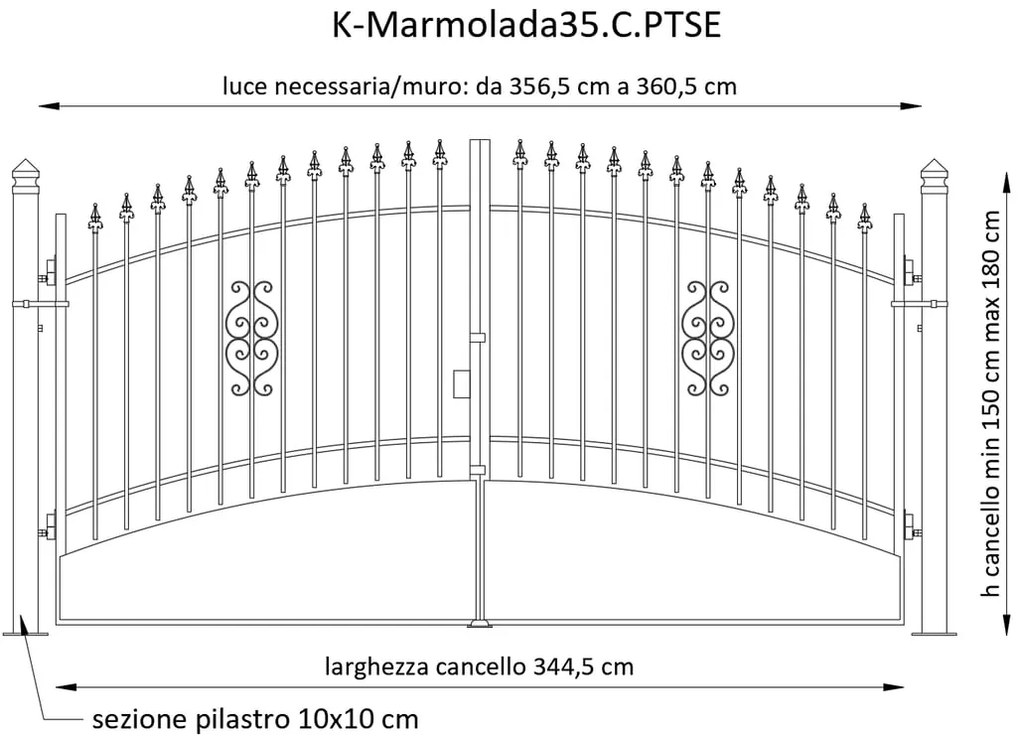 Cancello manuale con serratura elettrica Marmolada in ferro, apertura centrale, L 358.5, H 165-195 cm, di colore ruggine