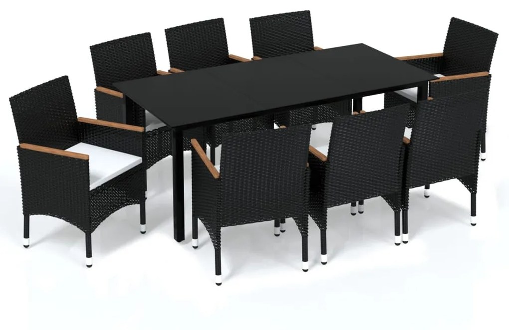 Set pranzo da giardino 9 pz con cuscini in polyrattan nero