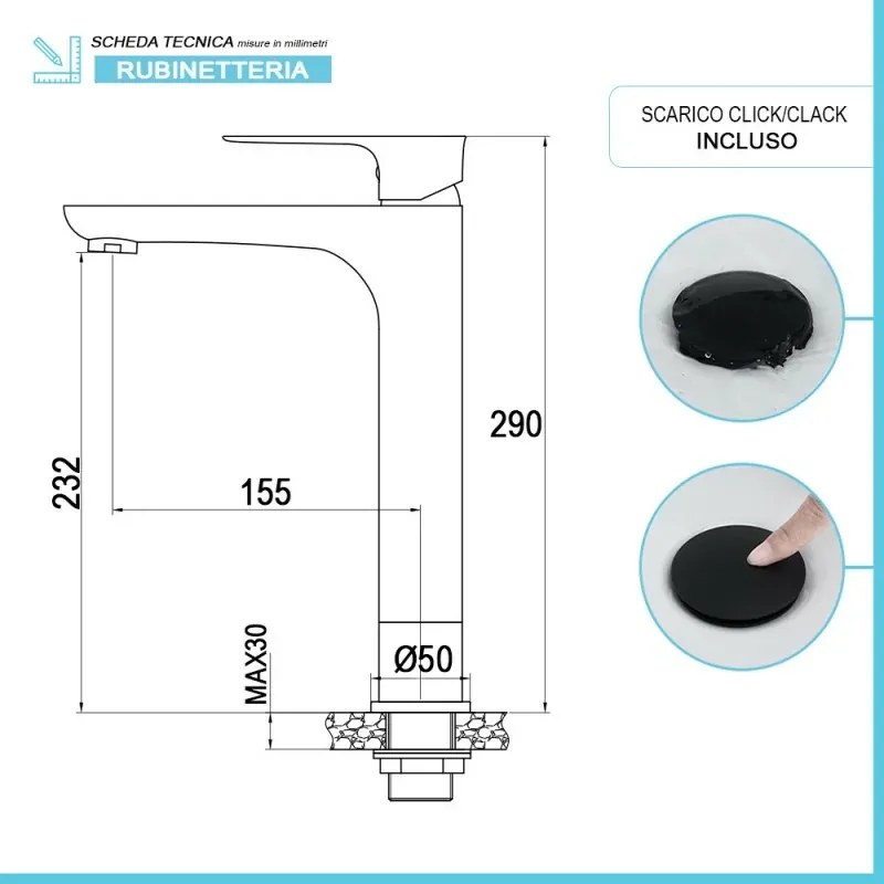 Set miscelatori lavabo alto bidet e doccia Flat nero opaco con piletta