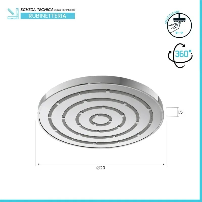 Soffione doccia Ø 20 cm in finitura cromo anticalcare Hidra