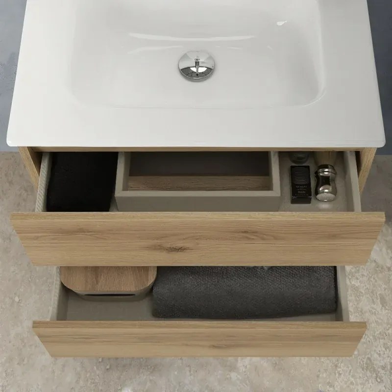 Mobile bagno sospeso 60cm in legno quercia naturale 2 cassettoni con lavabo e specchio Leda