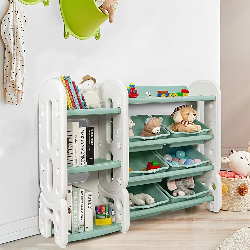 Costway Organizer per giocattoli con scatole per bambini, Scaffale multilivello in plastica con libreria Verde