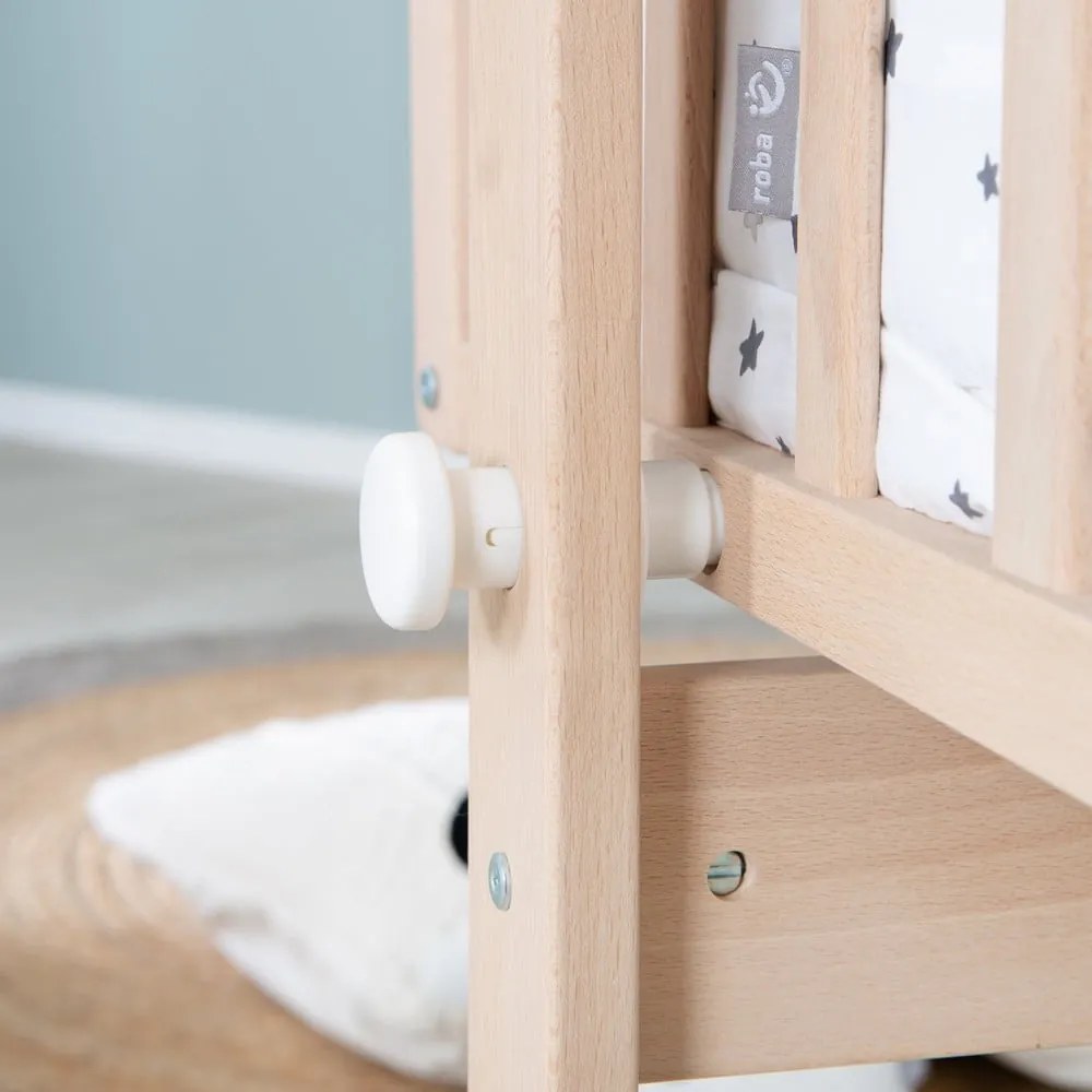 Culla di colore naturale in faggio massiccio con ruote e baldacchino 40x90 cm – Roba