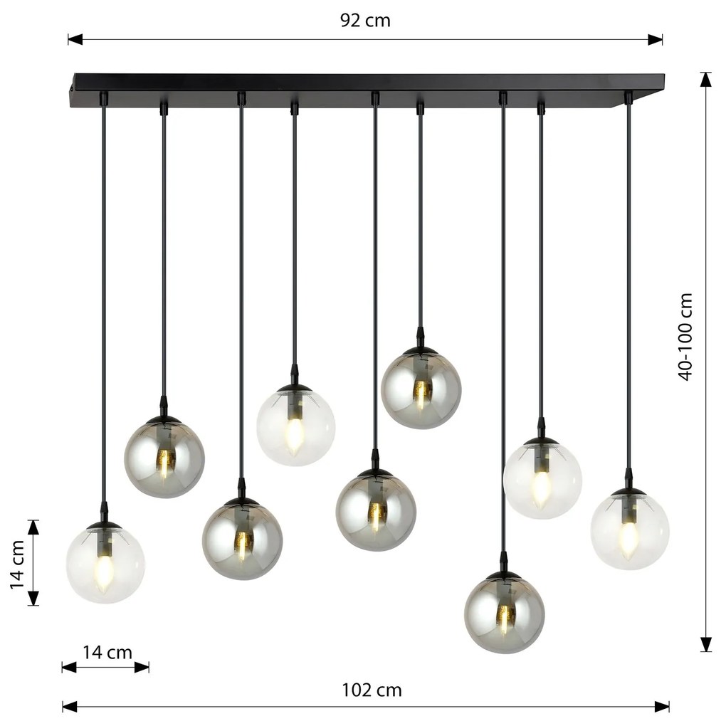 Sospensione 9 Luci Cosmo In Acciaio Nero E Sfere In Vetro Trasparente E Fumè