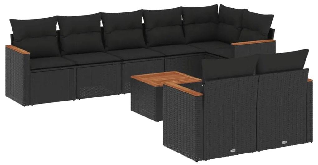 Set divani da giardino 9 pz con cuscini nero in polyrattan