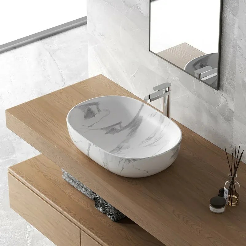 Lavabo da appoggio ovale 60x41 cm effetto marmo bianco Tokyo