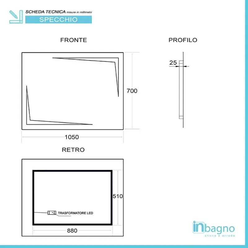 Specchio bagno 105x70 cm reversibile con LED naturale agli angoli