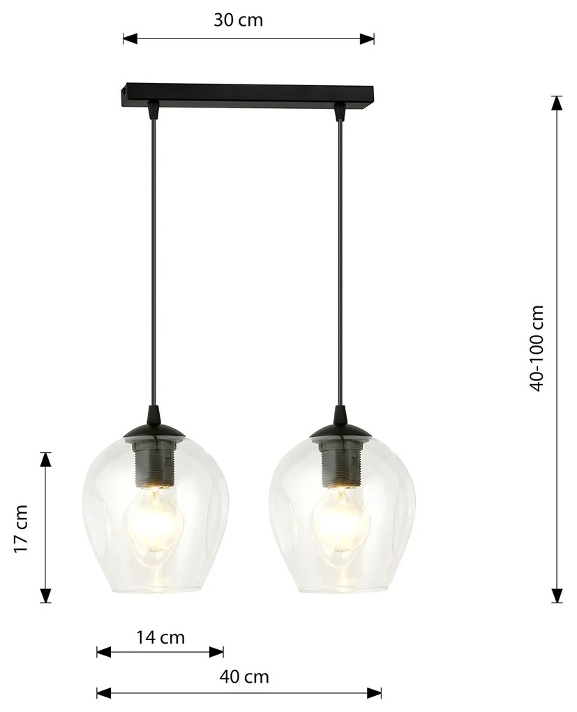 Lampadario 2 Luci Fuxi In Acciaio Nero E Vetro Trasparente