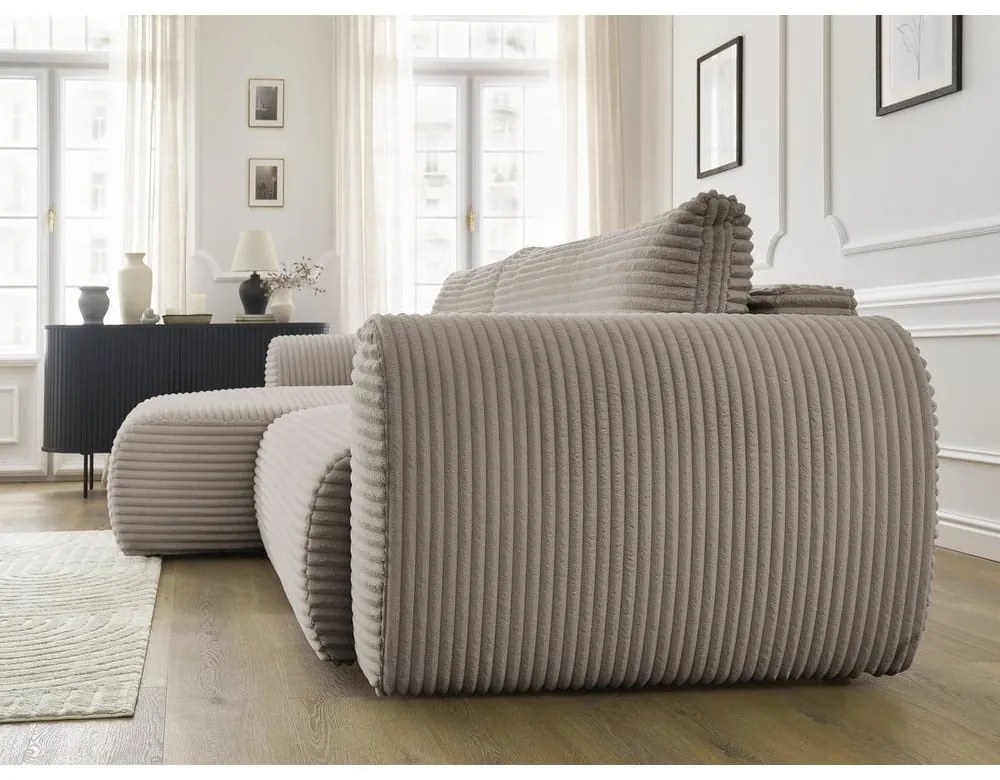 Divano angolare in grigio chiaro/beige allungabile (con penisola a sinistra) con rivestimento in velluto a coste Lucien – Bobochic Paris