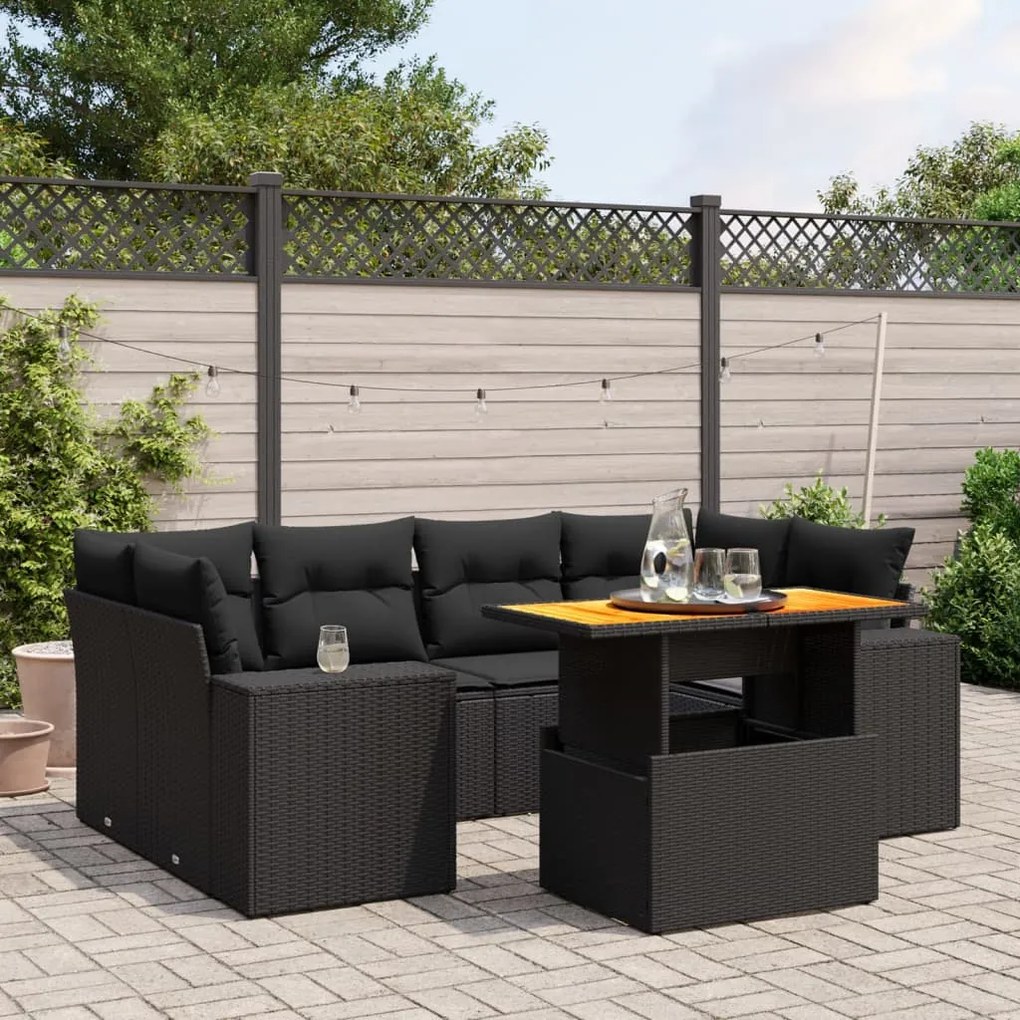 Set divani da giardino con cuscini 7pz nero polyrattan