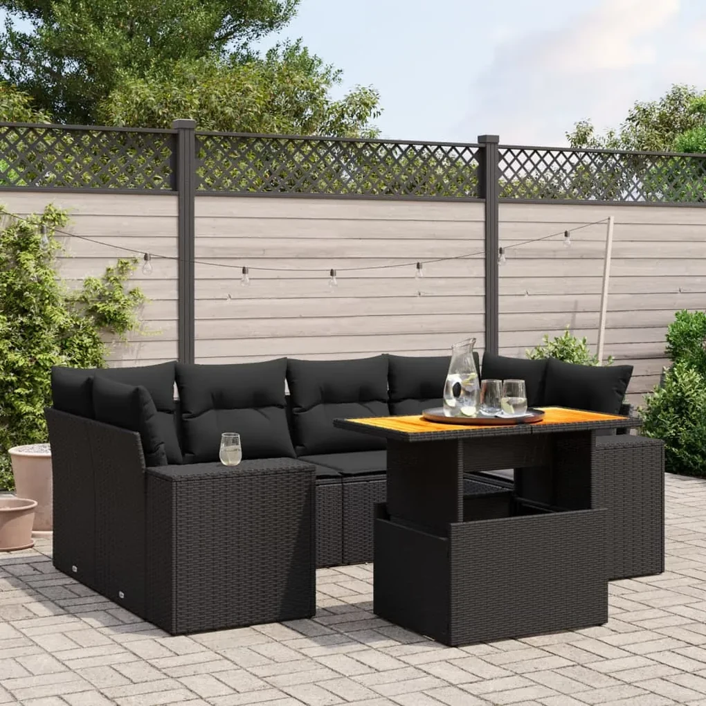 Set divani da giardino con cuscini 7pz nero polyrattan