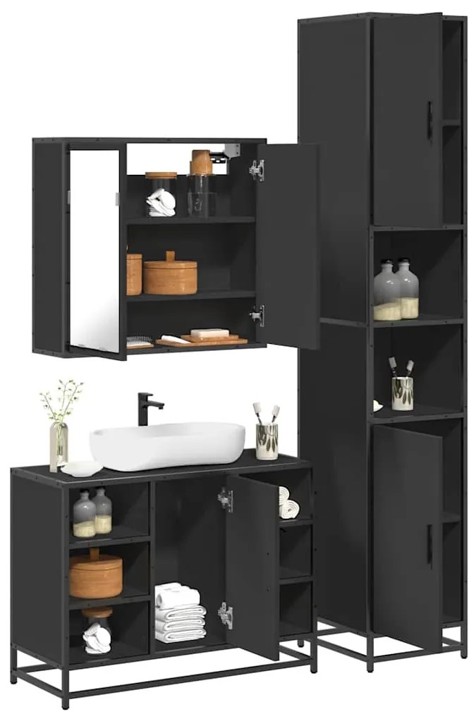 Set Mobili Da Bagno 3 Pz Nero İn Legno Multistrato /