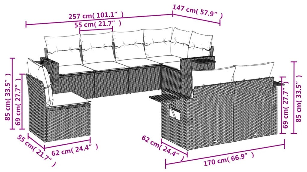 Set divano da giardino 8 pz con cuscini grigio in polyrattan