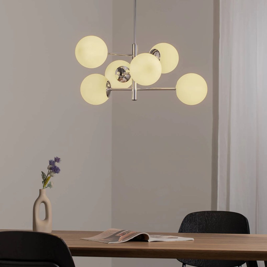 Domiluce Lampada a sospensione Aurora, cromo, Ø 60 cm, a 6 luci, vetro, E14