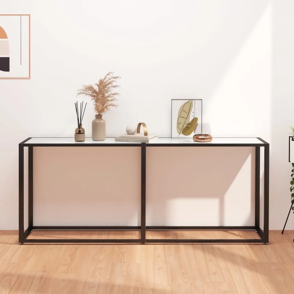 Tavolo Consolle Bianco Marmo 180x35x75,5 Cm İn Vetro Temperato /