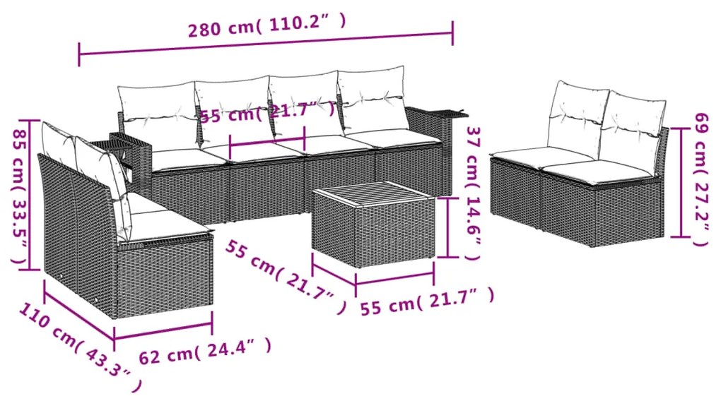 Set Divani da Giardino 9 pz con Cuscini Nero in Polyrattan