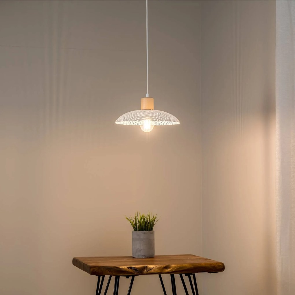 EMIBIG LIGHTING Lampada a sospensione Kobe, 1 luce, acciaio, legno, bianco