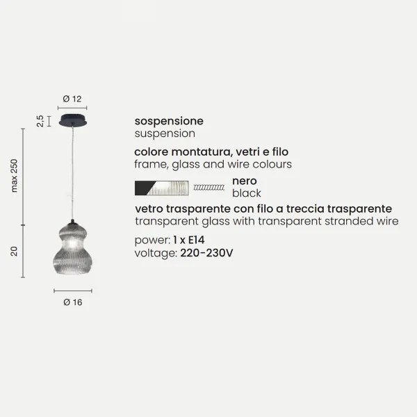 Lampada sospensione D16 cm in vetro soffiato Trasparente - MADAGASCAR Mod2