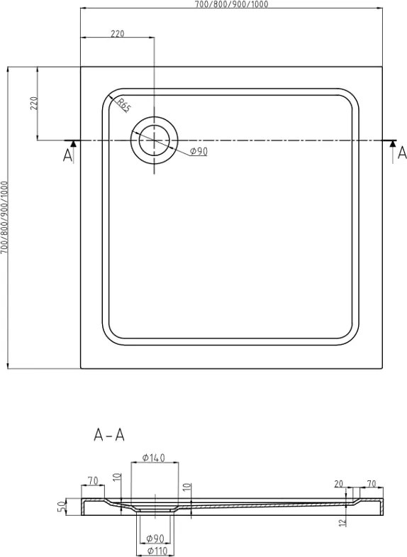 Mexen Flat piatto doccia quadrato slim 70 x 70 cm, bianco, sifone cromato - 40107070