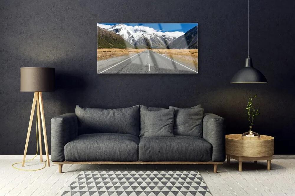 Quadro acrilico Strada al paesaggio di neve di montagna 100x50 cm