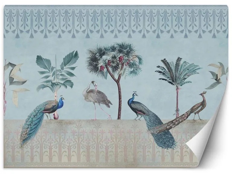 Carta Da Parati, Pavoni Uccelli Fiori Tropicali Dimensioni 254x184, Finitura Carta da Parati Effetto Liscio, Tipo di Carta da Parati