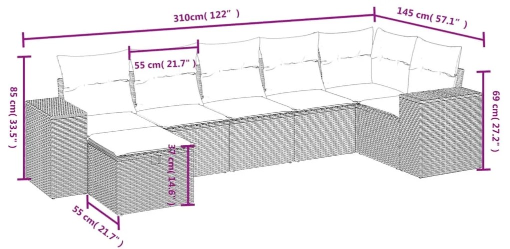 Set divani da giardino con cuscini 7pz nero polyrattan