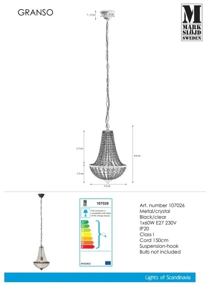 Markslöjd 107026 - Lampadario di cristallo su catena GRÄNSÖ 1xE27/60W/230V