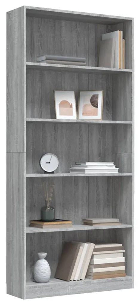 Libreria 5 Ripiani Grigio Sonoma 80x24x175 cm Legno Multistrato