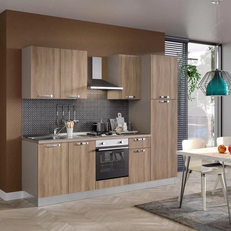 Cucina montata Dora rovere chiaro, lavello a sinistra, L 255 cm, completa di: cappa a camino, piano cottura a gas, forno e frigorifero