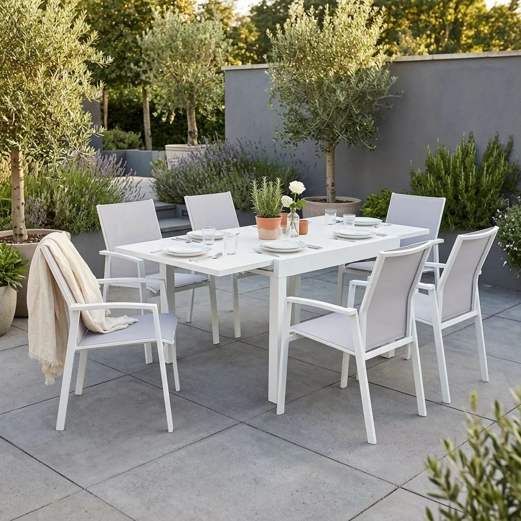 JERRI - set tavolo in alluminio cm 90/180 x 90 x 75 h con 6 poltrone Lotus