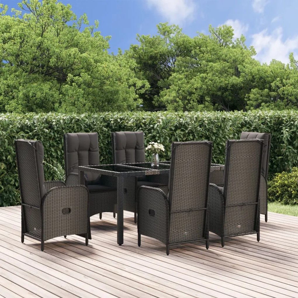 Set da pranzo da giardino 7 pz nero con cuscini in polyrattan