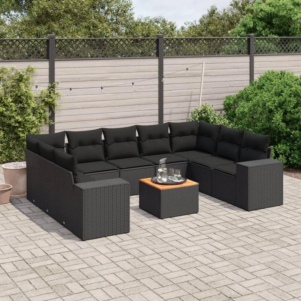 Set divani da giardino 10pz con cuscini in polyrattan nero