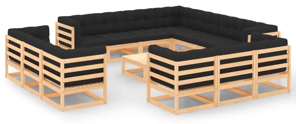 Set salotto giardino 14pz cuscini antracite legno massello pino