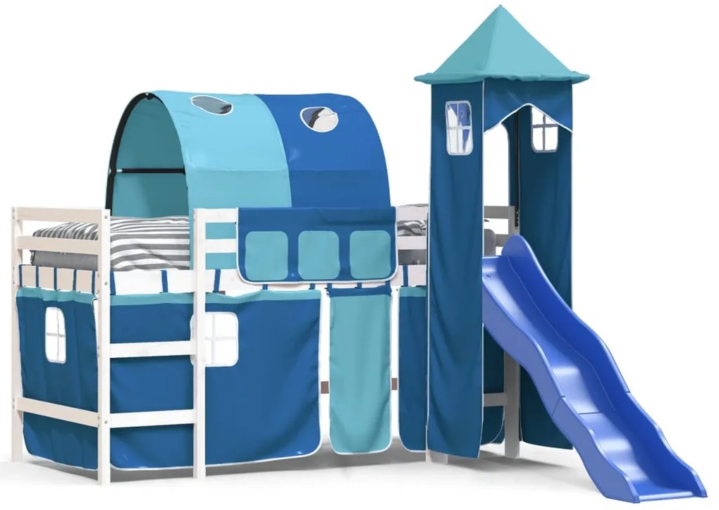 Letto a soppalco con torre bambini blu 80x200cm massello pino