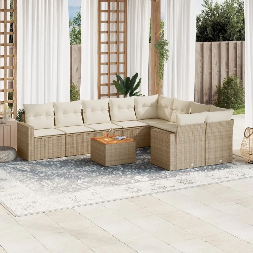 Set divano da giardino 10 pz con cuscini beige in polyrattan