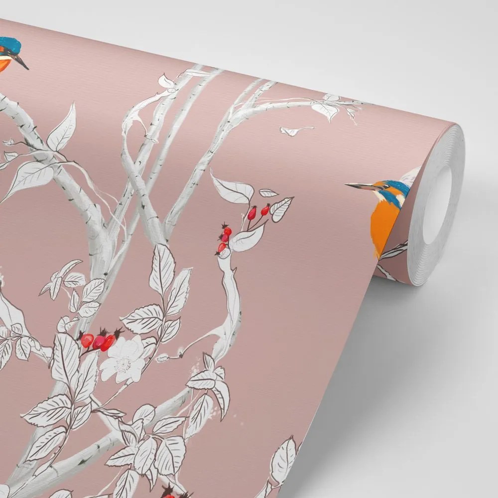Carta da parati – Uccellini nella foresta fitta con sfondo rosa