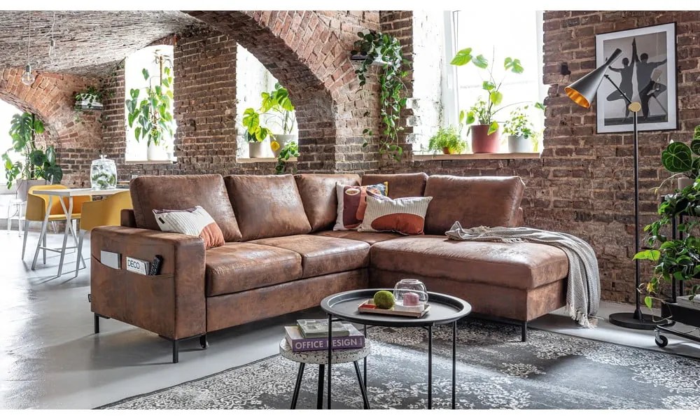 Divano letto angolare in similpelle marrone (angolo destro) Lofty Lilly - Miuform